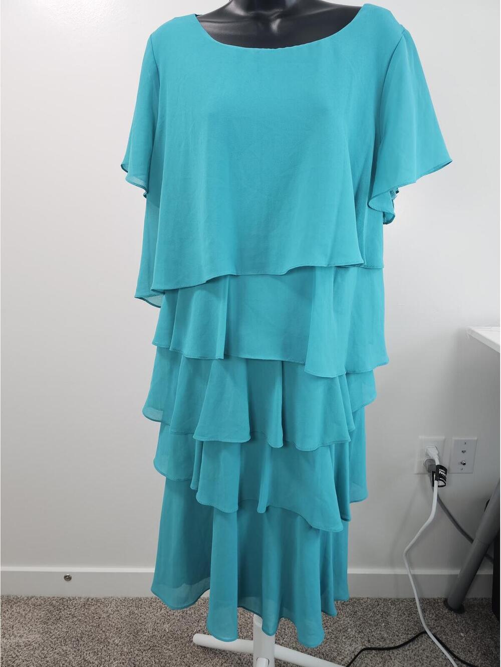 Jessica Howard 18W Turquoise Tiered Ruffle Chiffon Dress